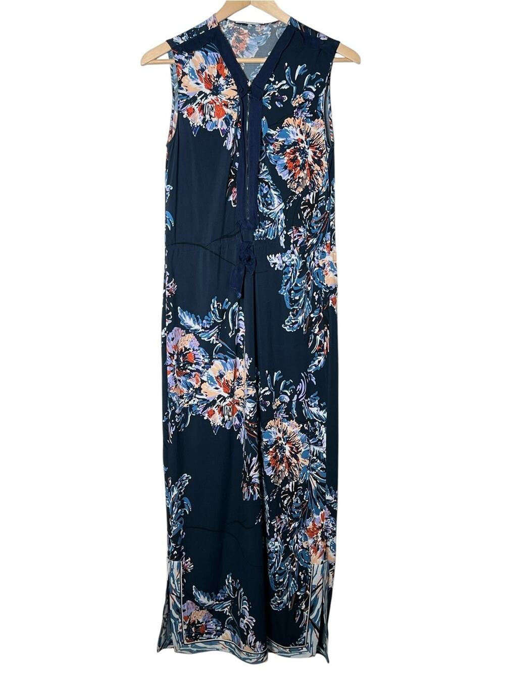 Tahari Navy Floral Print Maxi Dress with Coral & Light Blue Accents size M B116